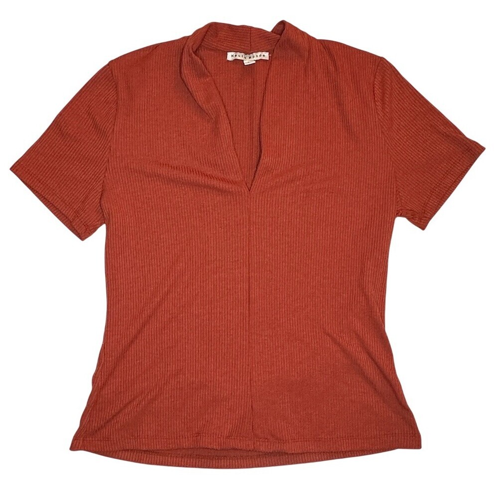 Haute Monde Top Womens L Rust Orange Ribbed Knit Short Sleeve Split V-Neck